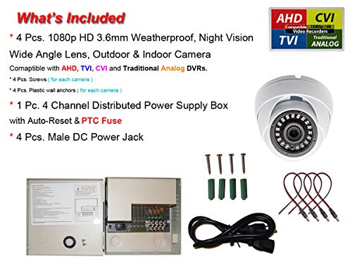 Evertech 4 Pcs 1080P Hd Weatherproof Dome Cameras Wide Angle Lens Indoor/Outdoor Night Vision Security Surveillance Camera With 4 Channel 3 Amper Ptc Fuse Cctv Metal Power Supply Box #TOP1