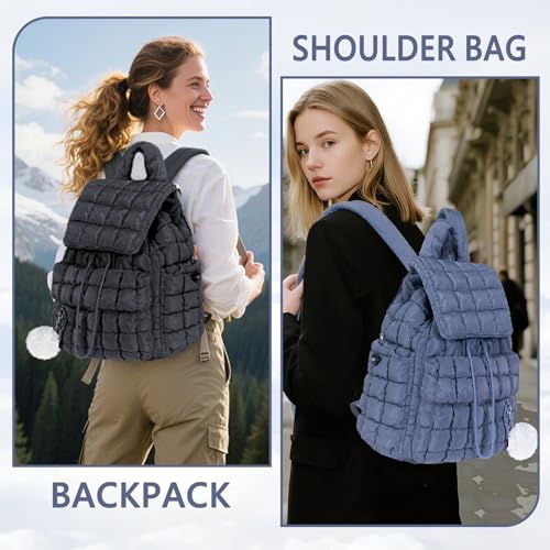 Quilted Puffer Backpack for Women: Large Lightweight Soft Purse Backpacks for Travel Daypack Hiking Gym Sports School College - Cute Trendy Luxury Drawstring Laptop Backpack (Black)2