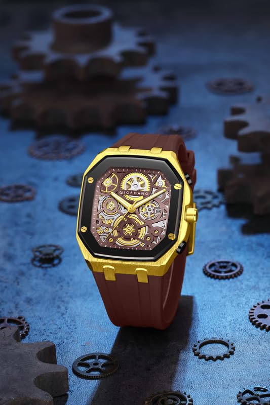 Image of Giordano Analog Quartz Watch for Men with Octagonal Skeleton Dial, Exposed Gear Design, Date Display and Silicone Strap - GZ-50221