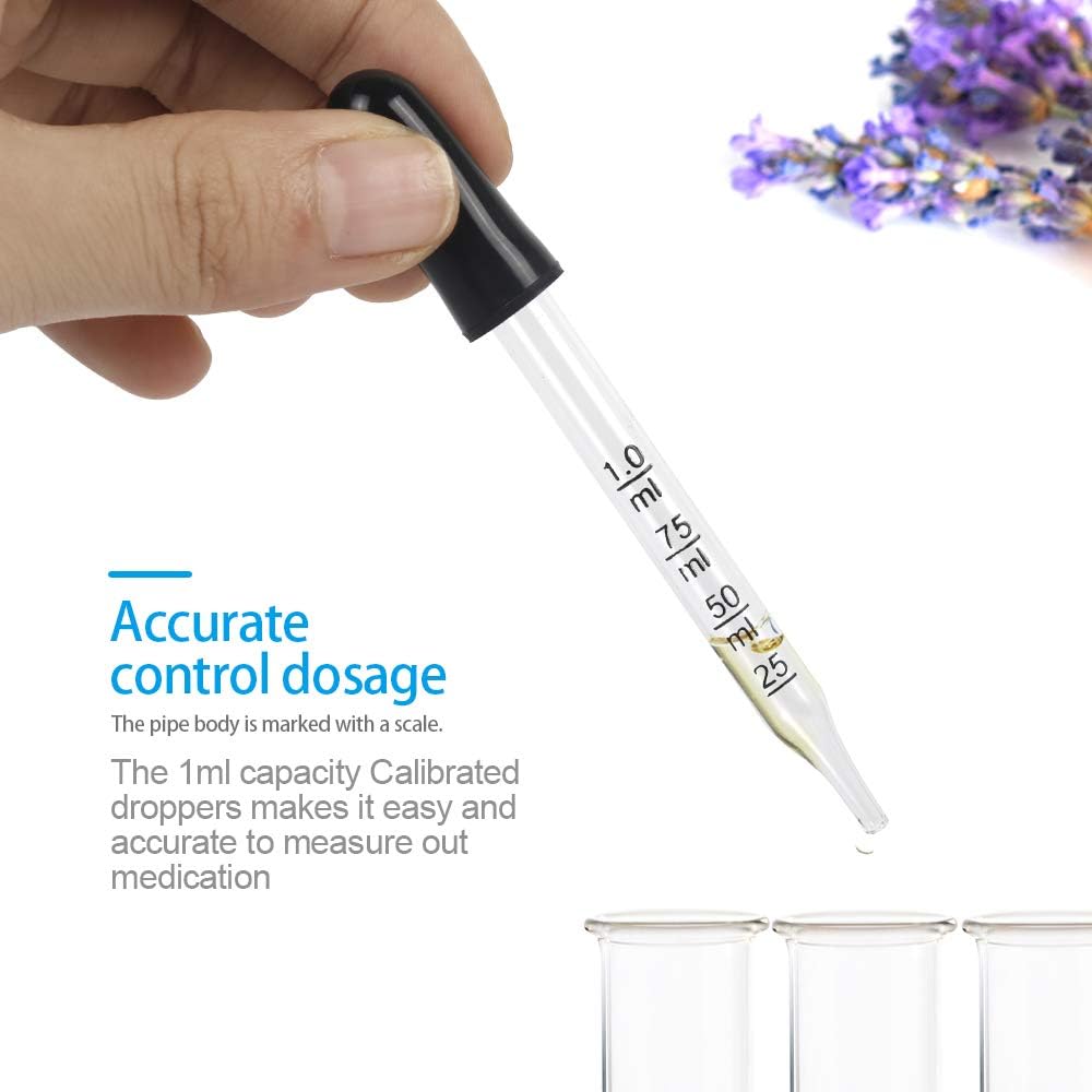 Glass Dropper Medicine 1ml, Teenitor Essential Oils Eye Dropper Pipette Dropper with Black Suction Bulb, Straight-Tip Calibrated Droppers for Medicine Art Liquid Plant Nutrients 20 Pack : Industrial & Scientific