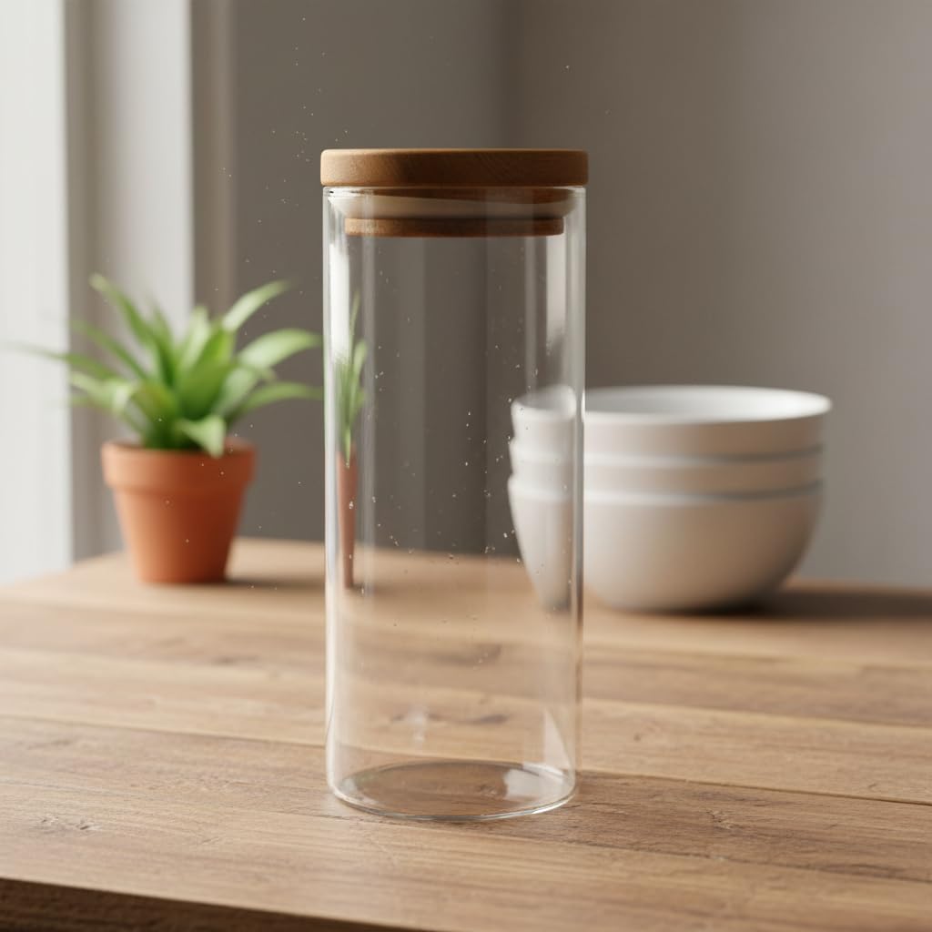 Deconox Doğal Akasya Ahşap Kapaklı Borosilikat Cam Kavanoz - 350 ml Vakumlu Yuvarlak Baharatlık, Çay ve Kahve Saklama Kabı