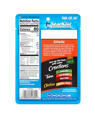 Image of StarKist Tuna Creations BOLD Sriracha Pouch (2.6 oz - 24 Pack) Wild Caught, High Protein Shelf Stable Seafood, Gluten Free, Soy Free, No Draining, Ready to Eat for Salads and Sandwiches