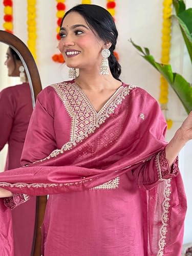 Image of Shiv Textiles Women's Chanderi Silk Embroidered Kurta Pant Dupatta Set(JDA-MADHAVI-Pink-L)