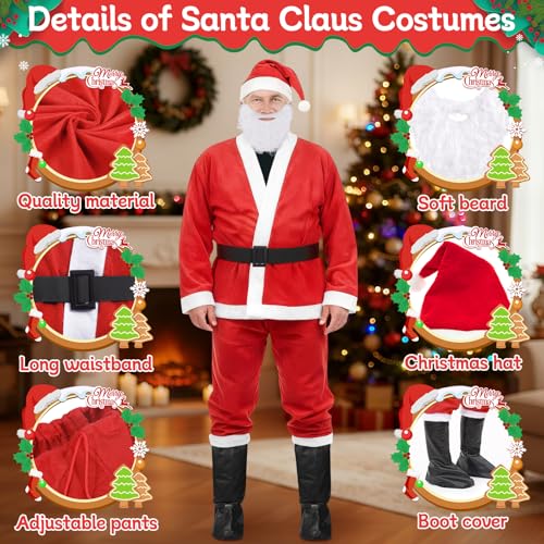 GLOSKIN Weihnachtsmann Kostüm,7-Teiliges Weihnachtskostüm Herren-Set für Erwachsene, mit Nikolaus Bart,Mütze,Schuh, Kleidung,Hosen,Gürtel und Geschenktüten