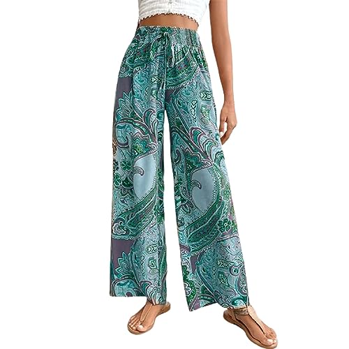 Women Fashion Beach Pants Belted Frilled Waist Tropical Print Boho Pants Wide Leg Palazzo Pants Summer Ladies (Green, L)