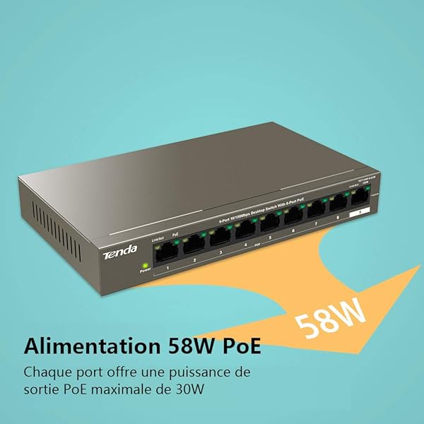 Tenda TEF1109P 8 63W   Switch PoE a 9 porte 10100 Mbps PoE Ethernet porta RJ45 6KV Contre Foudre Plug and Play