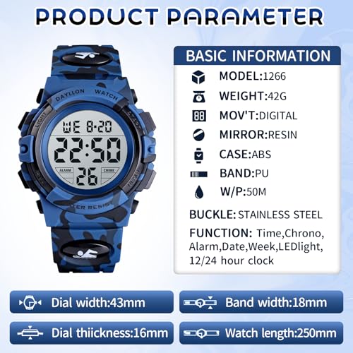 Image of Dayllon Kids Digital Watch Boys Outdoor Sports 50M Waterproof Girls Watches Alarm Clock 12 /24 H Stopwatch Calendar for Ages 3-15 Boy Girl Wristwatch Kids Gift