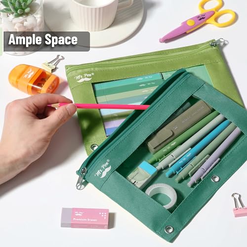 Image of Mr. Pen- Pencil Pouch for 3 Ring Binder, 2 Pack, 10 inchx6.75 inch, Smooth Zipper | Clear Window, Large Capacity Pencil Case with 3 Reinforced Grommets for School, Office, Supplies Storage | Clear Window, Large Capacity Pencil Case with 3 Reinforced Grommets for School, Office, Supplies Storage