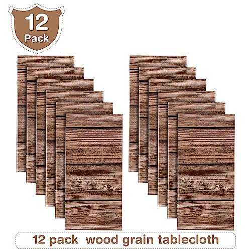 Image of Tatuo 12 Packs Natural Wood Grain Tablecloths Rustic Plastic Table Covers for Rectangle Table, Vintage Farmhouse Style Tablecloth Decorations for Western Barn Themed Birthday, 54 x 108 Inch (Brown)