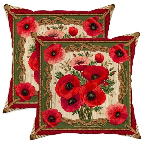 Lot de 2 housses de coussin décoratives vives avec motif floral de coquelicot rouge pour décoration d'intérieur printanière, style rustique pour canapé et lit, 35,6...