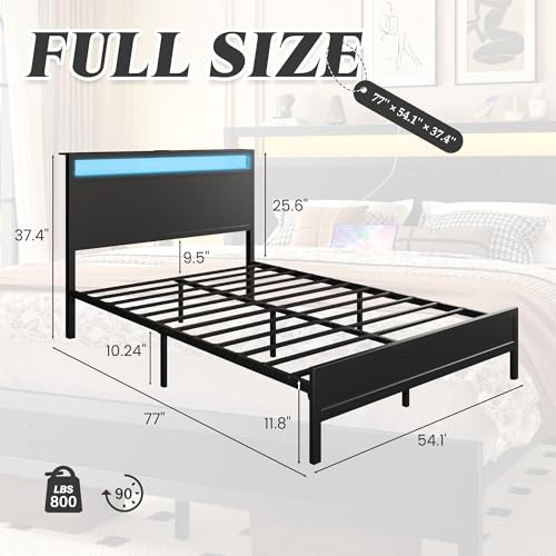 Image of Fluest Full Bed Frame with Headboard & Footboard, Full Bed Frame with Built-in Charging Station & LED Light, Storage Shelf, Noise-Free, No Box Spring Needed, Easy Assembly, Classic Black