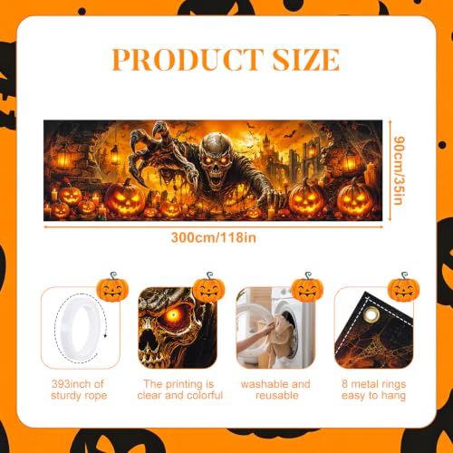 Image of Halloween Banner 118x35.4 Inch Scary Skeleton Pumpkin Party Decoration Backdrop, Creepy Skull Jack O Lantern Outdoor Yard Sign for Festival Celebration, Fence Wall Porch Indoor Outdoor
