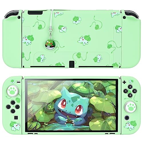 DLseego Funda Protectora Compatible con Switch OLED,Carcasa Delgada Suave al Tacto con 2 Tapas de Agarre para el Pulgar y Abalorio de Bolas de Elfo,Absorción de Golpes Antiarañazos,Rana Verde