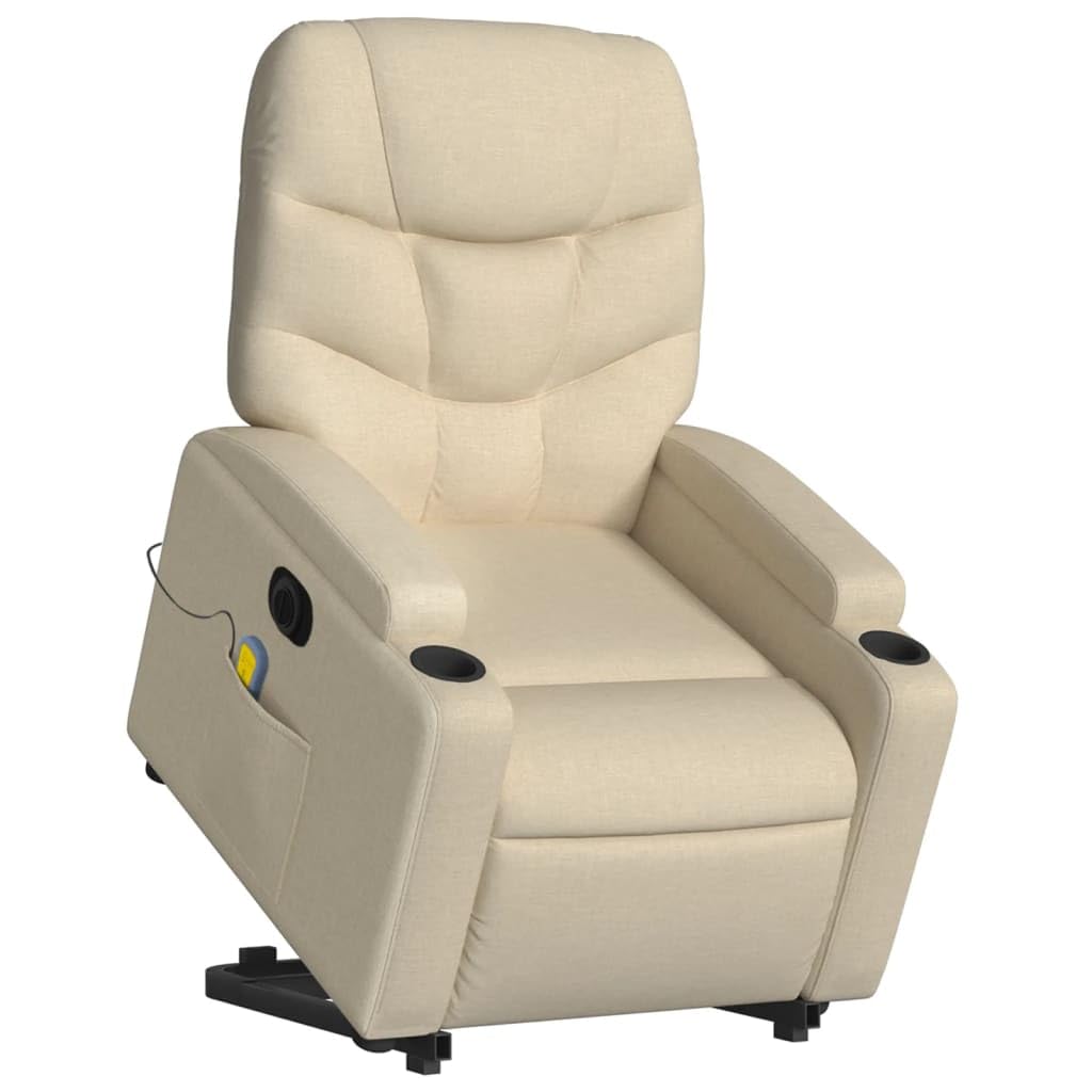 Sillón elevador eléctrico reclinable de tela crema con 6 puntos de vibración y función de elevación automática para un asiento cómodo y relajación total