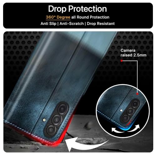 Image of FLIPPED Vegan Leather Flip Case Back Cover for Samsung Galaxy M17 5G | A17 5G | F17 5G (Flexible, Shock Proof | Hand Stitched Leather Finish | Card Pockets Wallet & Stand | Blue with Aquamarine)