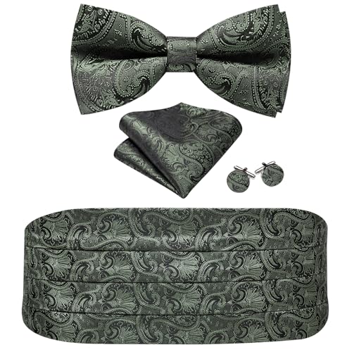 Image of Barry.Wang Men Silk Paisley Cummerbund and Pre-tied Bowtie Handkerchief Cufflink Set for Tuxedo