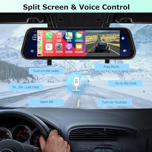 9.66 inch Rear View Mirror Camera - Wireless Apple Carplay & Android Auto - 1280 * 720P Dash Cam Front and Rear View Dual 1080P Cameras - Voice Control, Night Vision + Backup Camera + 64GB TF Card - Thumbnail 4