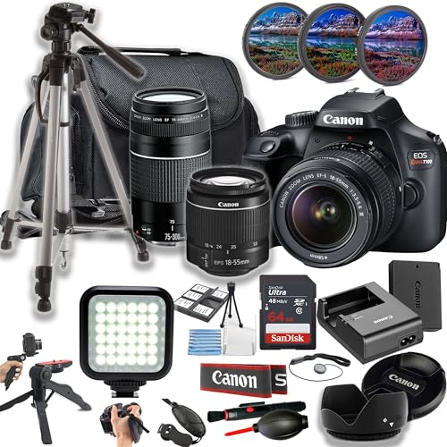 Canon EOS Rebel T100 DSLR Camera 18MP DSLR Camera w/EF-S 18-55mm and 75-300mm Lens + LED Light + 64GB Memory + Filters + Case + Tripod + Grips + Hood, and More (26pc Bundle) (Renewed)