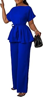 Women's 2 Piece Outfits Suit Set Short Sleeve Peplum Top Flared Pants Sets Business Pantsuits
