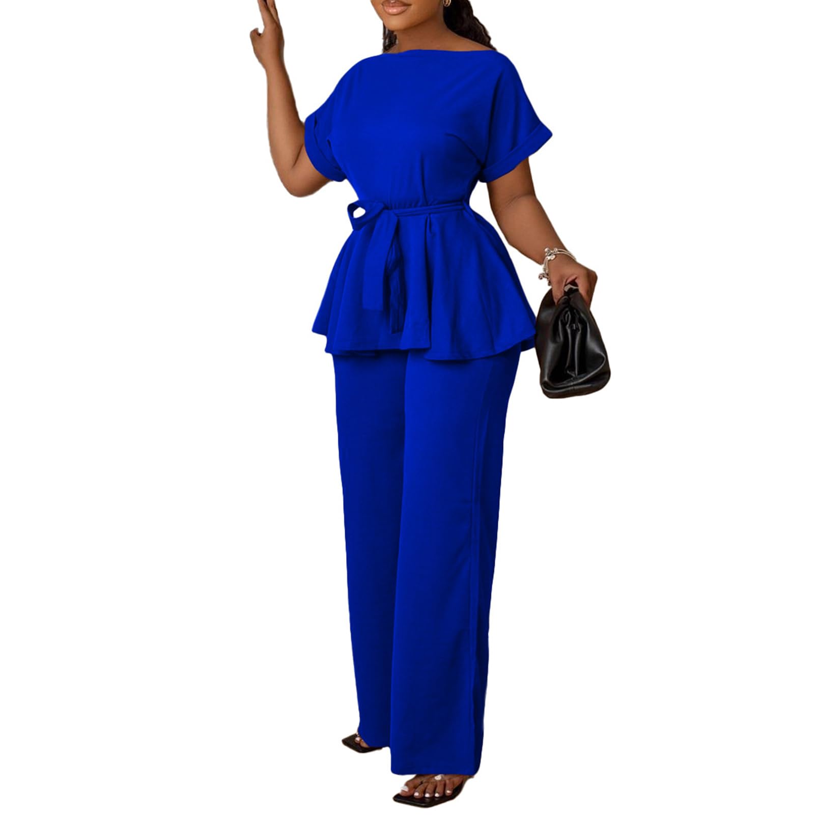 Women's 2 Piece Outfits Suit Set Short Sleeve Peplum Top Flared