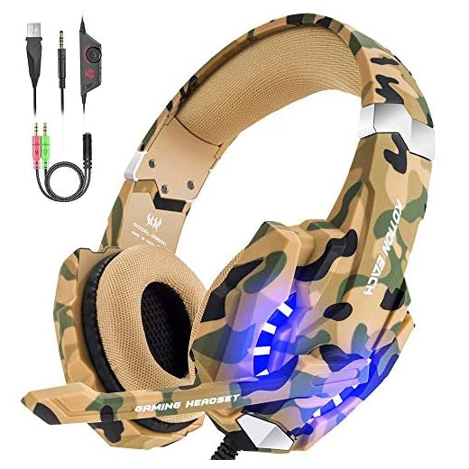 VersionTECH. Auriculares Gaming Estéreo con Micrófono Cascos Gamer Profesionales, Grave Amplificado Over-Ear Con Luz LED, Cancelación de Ruido para PS4 / PC / Nueva Xbox One (Camuflaje)