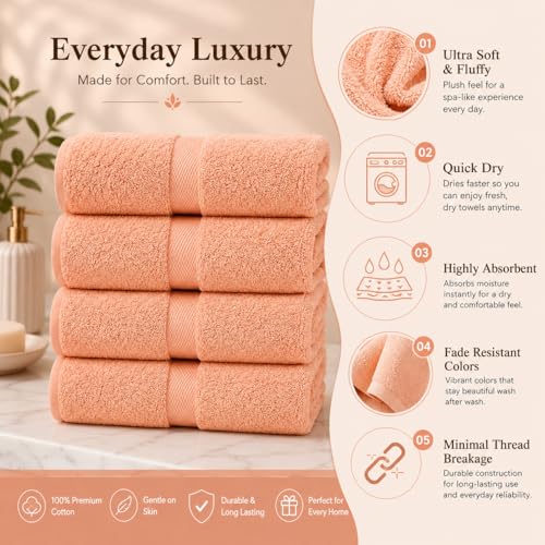 Image of Sulfar 100% Combed Cotton, Quick Drying Highly Absorbent, Luxury Hand Towel Set (Pack of 4, 40 X 70 cm) Tender Peach