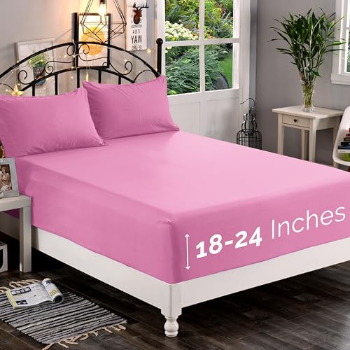 Elegant Comfort 1500 Premium Quality Fitted Sheet Ultra Soft 18-24 Inch Extra Deep Pocket - Single Fitted Sheet for High Mattress - Wrinkle Free with Smart Storage Pockets, Cal King, Light Pink