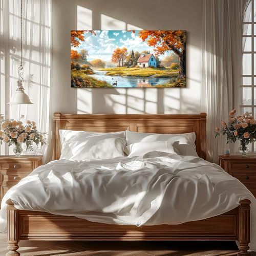 SERIMINO Nature Landscape Wall Art, Lakeside Farmhouse Canvas Large Artwork, Autumn Forest Cottage Scenic Wall Prints, Rustic Pictures Wall Decor Living Room Bedroom Bathroom Kitchen 24"X48"