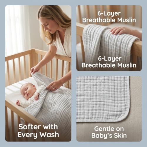 Image of 6-Layer Cotton Muslin Baby Blanket 43x43 inches Swaddles Grey Striped