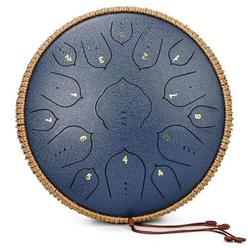 Steel Tongue Drum - 14 Inch 15 Notes Tongue Drum - Handpan Instrument for Adults with Music Book, Handpan Drum Mallets and Carry Bag, D Major Navyblue