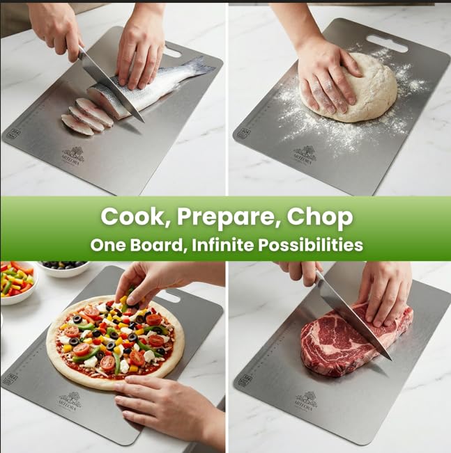 Image of Arteora Premium 304 Stainless Steel Chopping Board for Kitchen | Food Grade Steel | Anti-Bacterial, Rust-Proof, Odor-Free | Vegetable Cutting Board (Silver 35x25cm | Large)