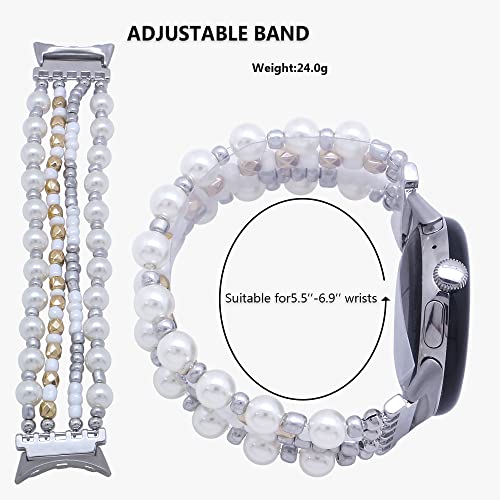C&L Accessories Compatible With Google Pixel Watch Band For Women Men, Beaded Gemstone Adjustable Handmade Bracelet (White/Gold/Siver) #TOP6