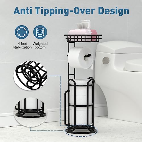 [Upgrade] Toilet Paper Holder Stand With Shelf Tissue Holders For Bathroom Free Standing Bath Tissue Roll Holder Magazine Rack For Mega Rolls/Phone/Wipe-Black #TOP3