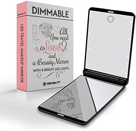 LED Travel Makeup Mirror – 8 Bright LED Lights – Dimmable – 1 and 2x Magnification – Black – Travel Pouch Included by Genevit