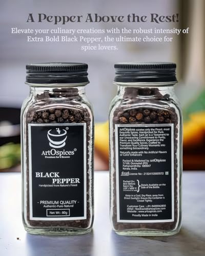 Image of ArtOspices Whole Black Pepper (Kali Mirch) 80g | Idukki Spices | Bold Black Peppercorns | Fresh Aromatic -Kerala | 100% Natural Sun-Dried | Premium Glass Jar