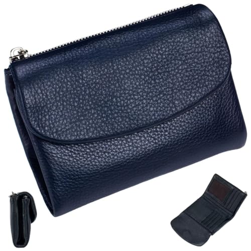 Unisex Leather Wallet, Full Grain Leather Coin Purse with Credit Card Holder, Coin Holder & Cash Slots, Short Genuine Leather Purse (Dark Blue)