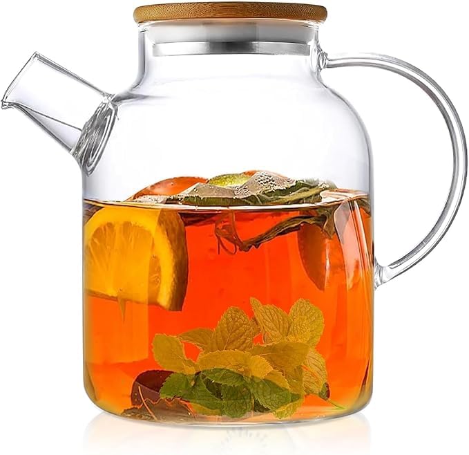 Image of PrimeWorld Glass Teapot with Removable Filter & Bamboo Lid - 1500ml | Fruit Infused Water Jar with Handle | Stovetop & Microwave Safe Tea Kettle for Blooming & Loose Leaf Tea