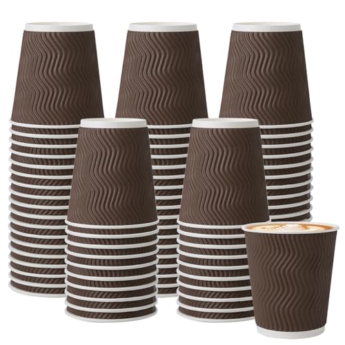 BYSNOW 150 Pack 8 oz Coffee Cups Brown Disposable Paper Cups Insulated Corrugated Ripple Wall Hot Beverage or Cold Drinks for Home Party Cafe