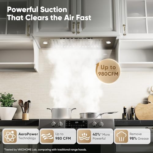 Image of VIKIO HOME 30 Inch Built-in /Insert Range Hood, 980 CFM Range Hood Insert, Ducted /Ductless Convertible Ultra-Quiet, Vent Hood Insert with Gesture & Touch, Baffle Filters and Charcoal Filters