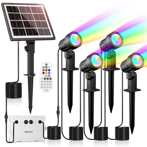 MEIHUA Lot de 4 Spots Solaires Exterieures Jardin 10 Couleurs 30 Modes 2 Luminosité Lampe Solaire Exterieur RGB IP66 Étanche Minuterie Eclairage Projecteur...