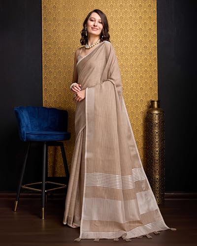 Image of SWORNOF Women's Linen Cotton Silk Saree with Unstitched Blouse Piece | Saree for Women | Saree with Blouse Piece | Soft and Skin Friendly