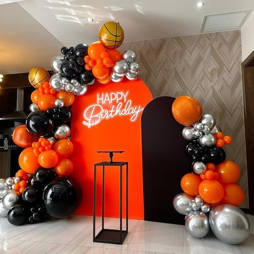 Image of Basketball Balloon Arch Kit, 111pcs Orange and Black Silver Balloons Garland Kit with Explosion Star Balloons, Sports Balloon Kit for Boys Birthday Baby Shower Sports Theme Decorations Supplies