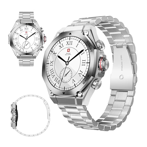Image of Swiss Military DOM6 Smartwatch 1.43 inch AMOLED, Bluetooth Calling, Multi Language, Health & Sports Tracking, Wireless Charging, 7 Days Battery, IP67, iOS /Android Compatible,Silver Frame with Steel Strap