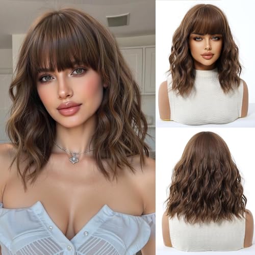 Novastel Caramel Brown Short Wigs Human Hair Bob with Bangs