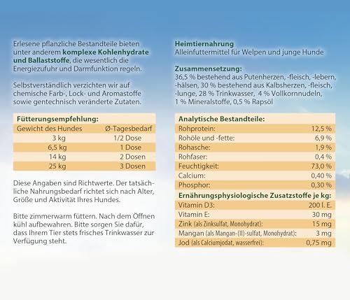 Dehner Best Nature Hundefutter, Nassfutter getreidefrei, für Welpen und junge Hunde, Pute / Kalb / Vollkornnudeln, 6 x 400 g Dose (2.4 kg)