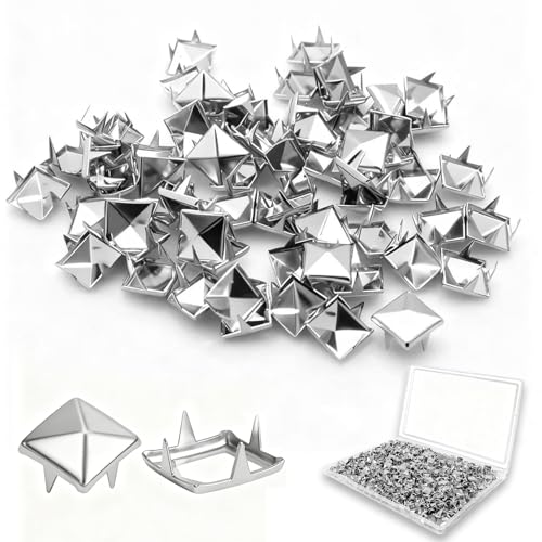XIAEQOH 500PCS 10mm 4-Prong Square Spikes Silver Metal Pyramid Studs for Crafts Punk Style Rivets for Clothing Decoration Leather Jacket Bag Dog Collar Durable & Easy to Install