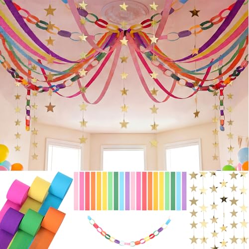 Frienda 300 Sheets Colorful Paper Chains Strips and 492 ft Crepe Paper Streamers 52.8ft Gold Star Garlands Backdrop for Wedding Birthday Party Decorations DIY Crafts(Rainbow Colorful)