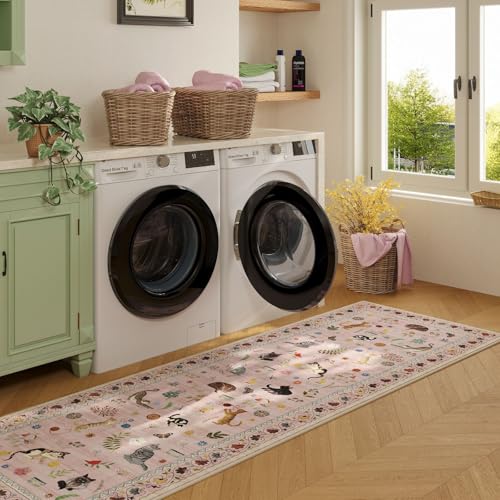 Runners for Kitchen Runner Rug Non Slip 2'x10' Long Washable Rugs with Rubber Backing Soft Floral Animal Cat Carpet Runner for Kitchen Laundry Bedroom Bathroom, Pink