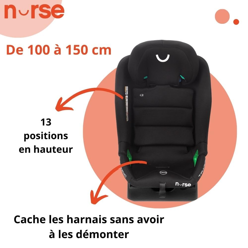 Nurse Traffic Siège Auto i-Size 40-150 cm, 0-12 Ans, Sans Isofix, Dos Route, Inclinable, avec Réducteur, Installation Ceinture, Gris