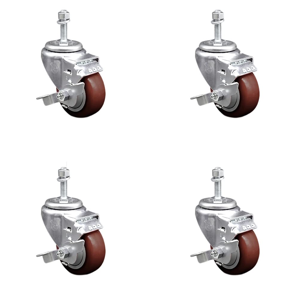 Stainless Steel Polyurethane Swivel Threaded Stem Caster Set of 4 w/3" x 1.25" Maroon Wheels and 3/8" Stems - Includes 4 with Top Lock Brakes - 1200 lbs Total Capacity - Service Caster Brand